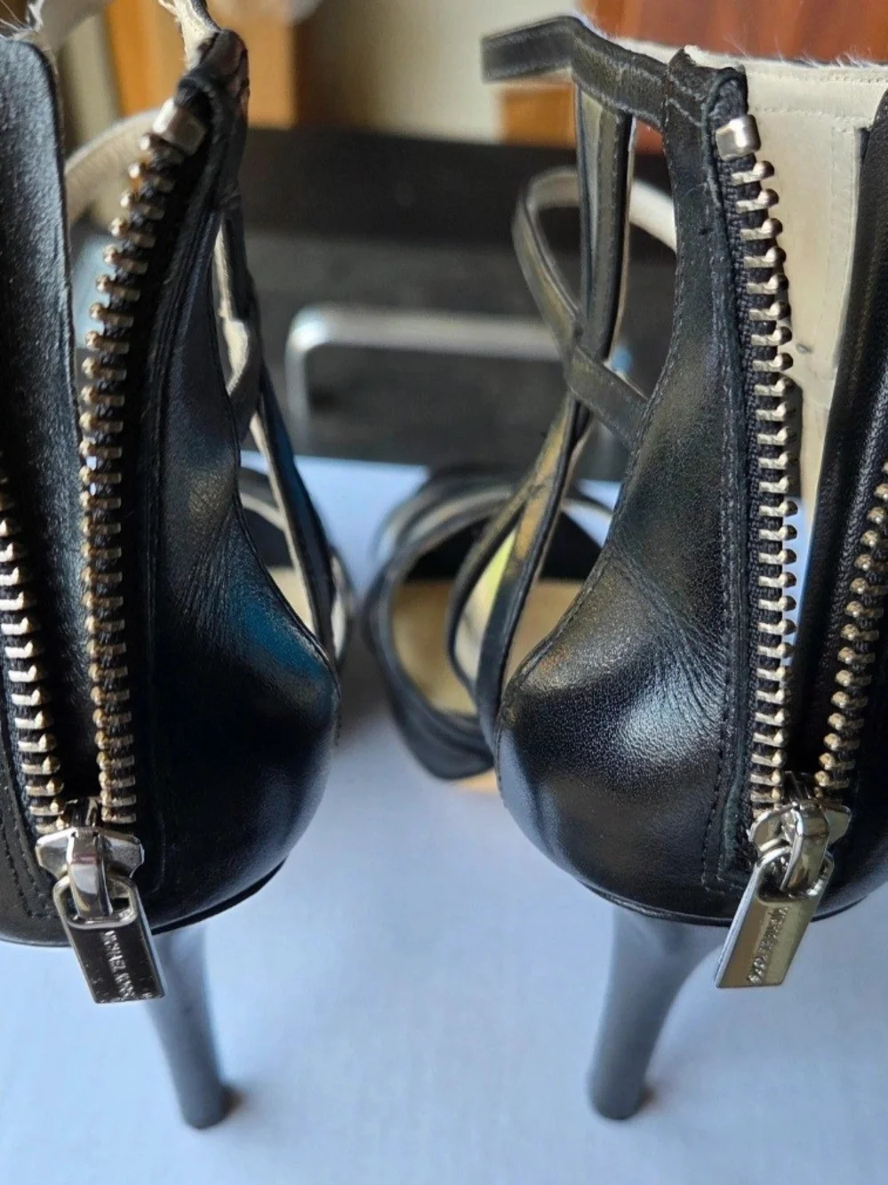 Michael Kors Black Strappy Platform Heeled Sandals with Silver Footbed